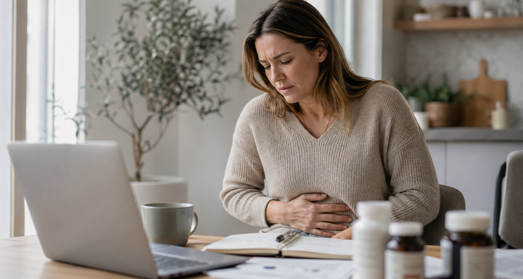 Woman sitting at home holding her stomach while looking uncomfortable, with health notes nearby.